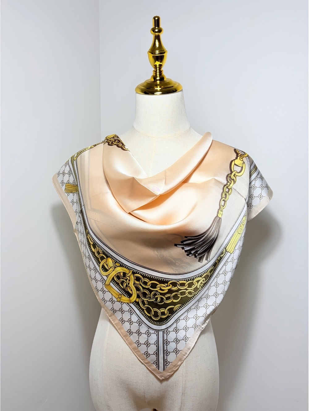 Elegant Beige Square Scarf with Gold Chain and Tassel Design, Lightweight